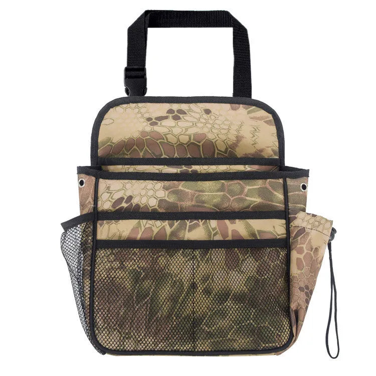 Black polyester car suspension storage bag measuring 35 by 28 by 9 centimetres, hung on a car seat back