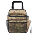 Black polyester car suspension storage bag measuring 35 by 28 by 9 centimetres, hung on a car seat back