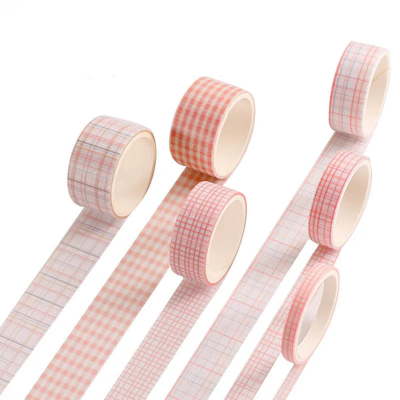 Six rolls of retro plaid washi tape in a box, showing 20mm, 15mm, 10mm and 5mm widths on Japanese paper.