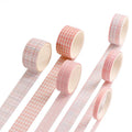 Six rolls of retro plaid washi tape in a box, showing 20mm, 15mm, 10mm and 5mm widths on Japanese paper.