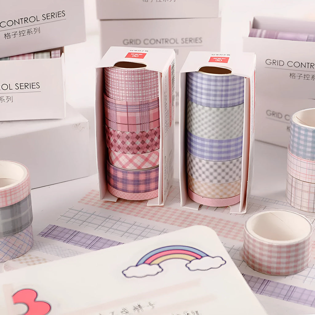 Six rolls of retro plaid washi tape in a box, showing 20mm, 15mm, 10mm and 5mm widths on Japanese paper.