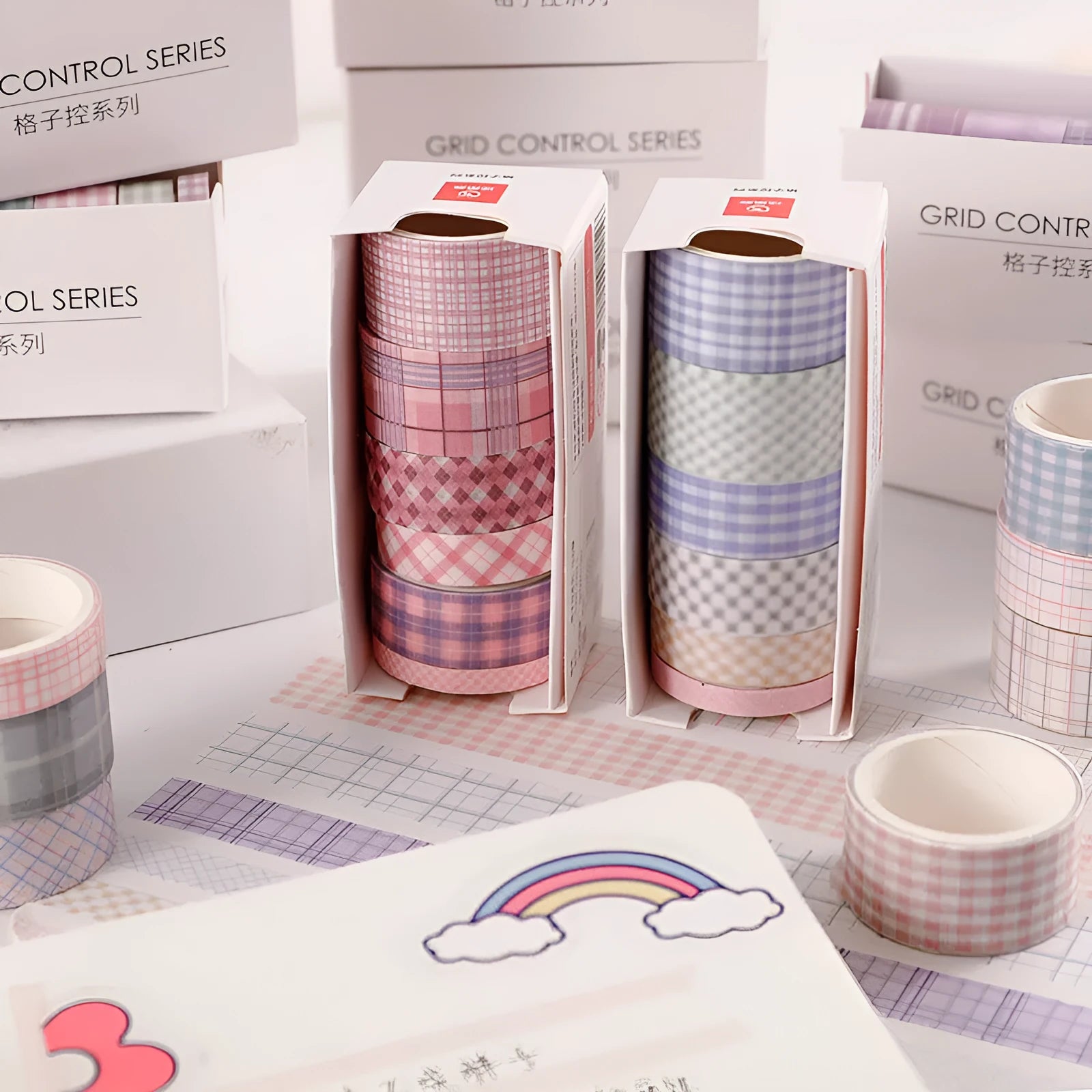 Six rolls of retro plaid washi tape in a box, showing 20mm, 15mm, 10mm and 5mm widths on Japanese paper.