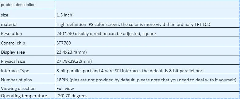 1.3 inch square IPS LCD display module with 240x240 resolution and 18-pin connector for microcontrollers