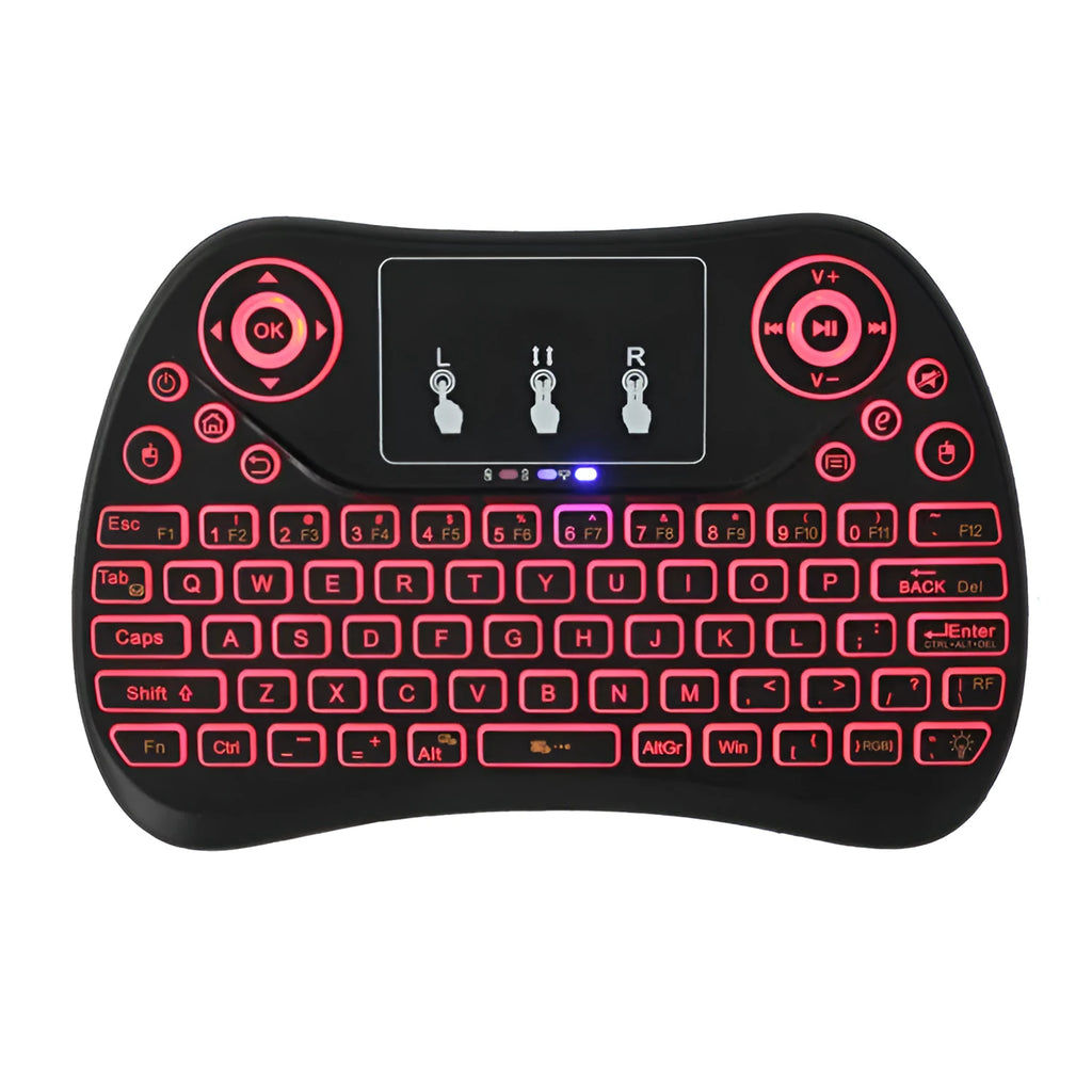 2.4G wireless mini keyboard with seven-colour backlight showing English layout