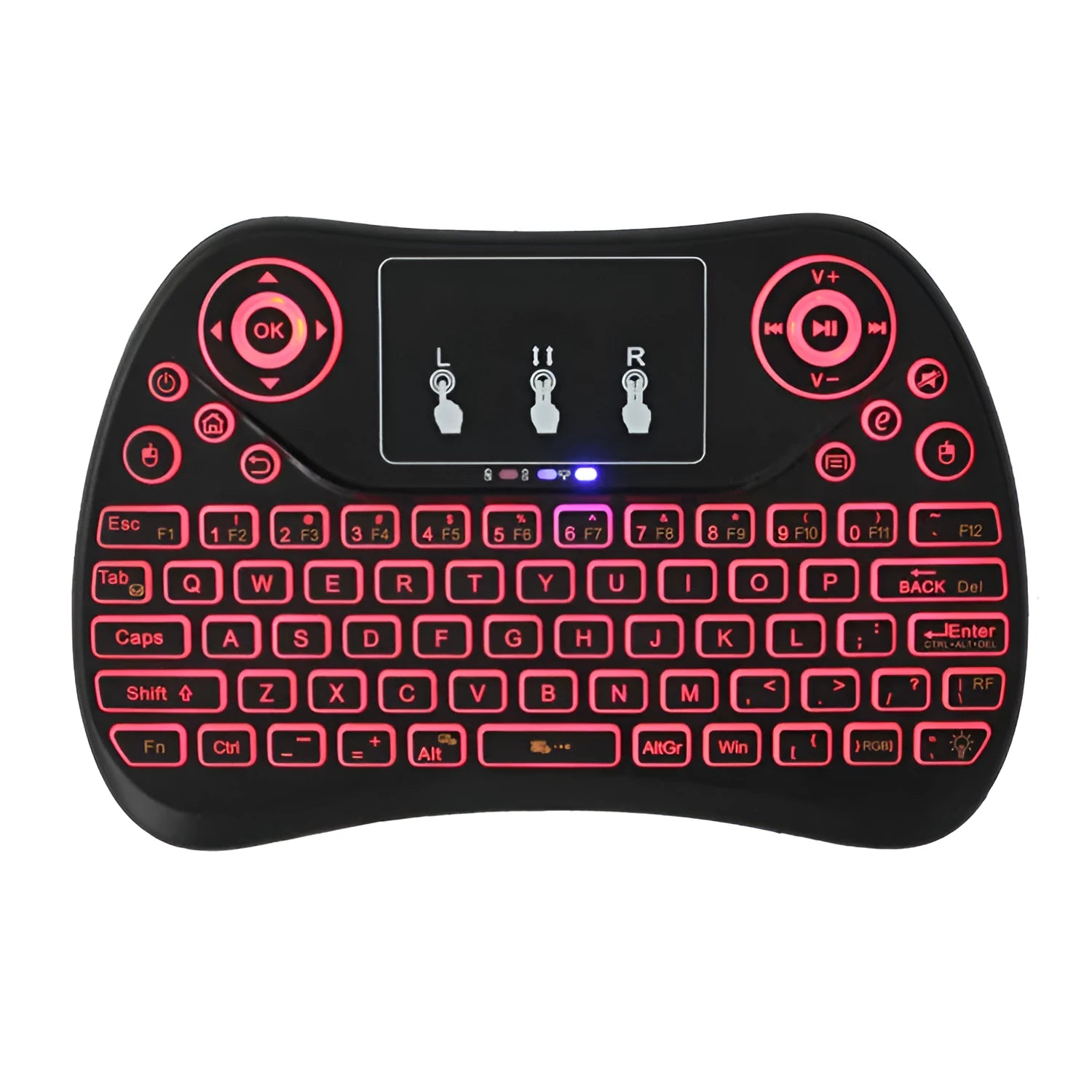 2.4G wireless mini keyboard with seven-colour backlight showing English layout