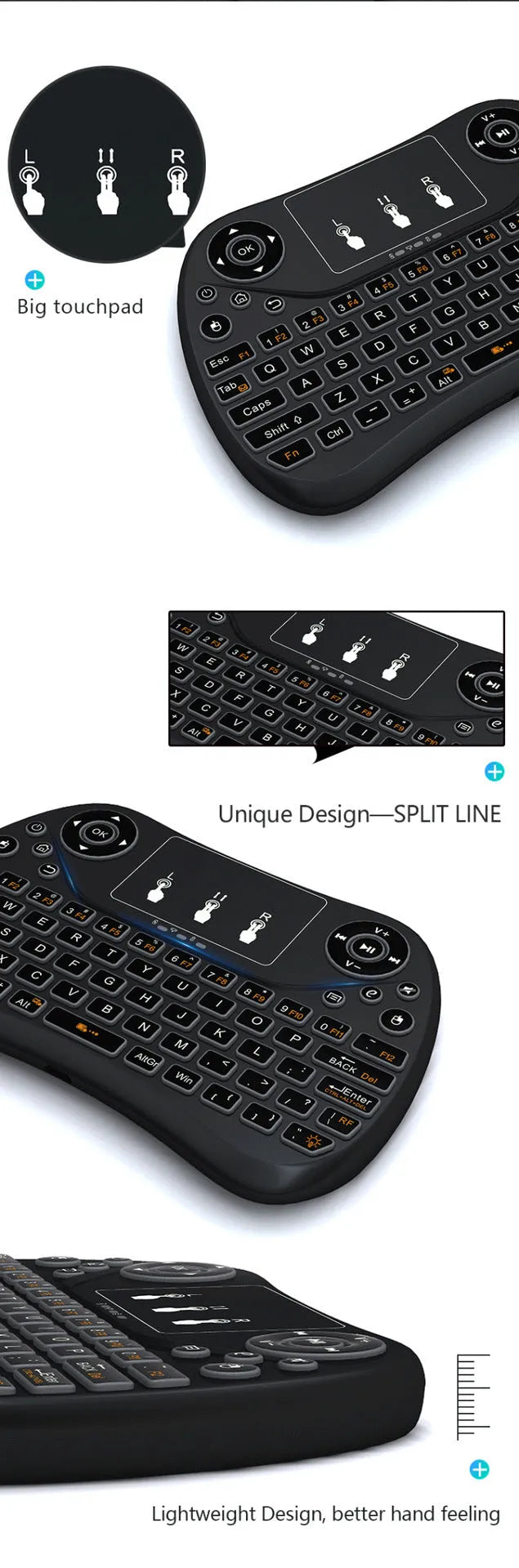 2.4G wireless mini keyboard with seven-colour backlight showing English layout
