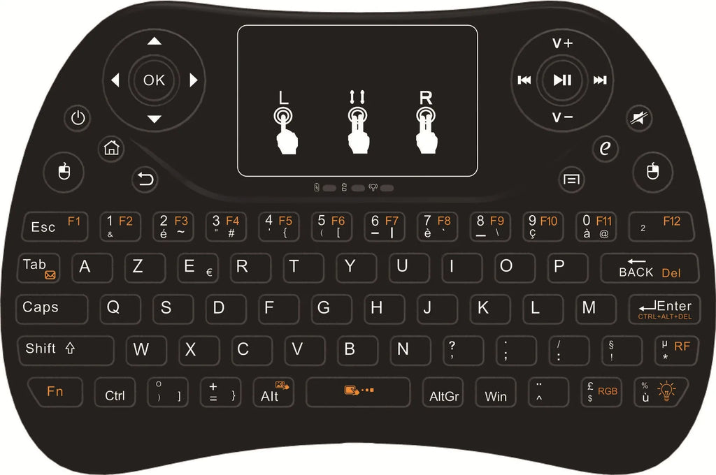 2.4G wireless mini keyboard with seven-colour backlight showing English layout