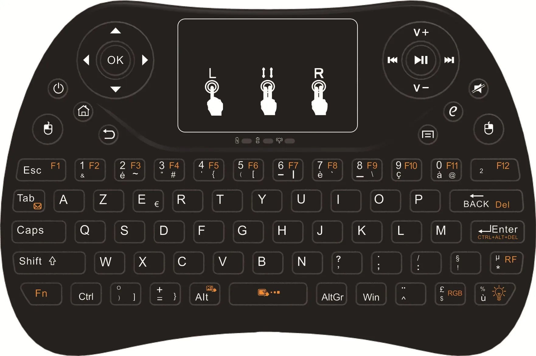 2.4G wireless mini keyboard with seven-colour backlight showing English layout