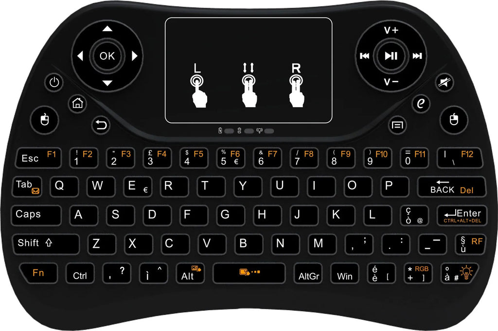 2.4G wireless mini keyboard with seven-colour backlight showing English layout