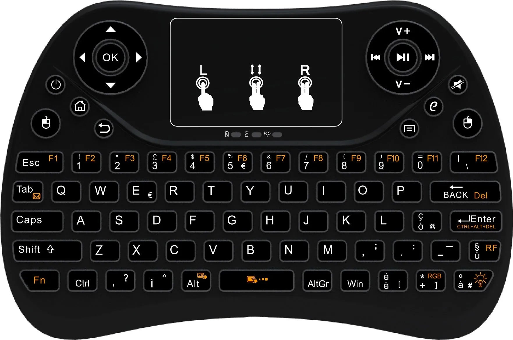 2.4G wireless mini keyboard with seven-colour backlight showing English layout