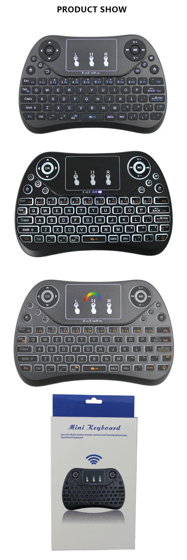 2.4G wireless mini keyboard with seven-colour backlight showing English layout