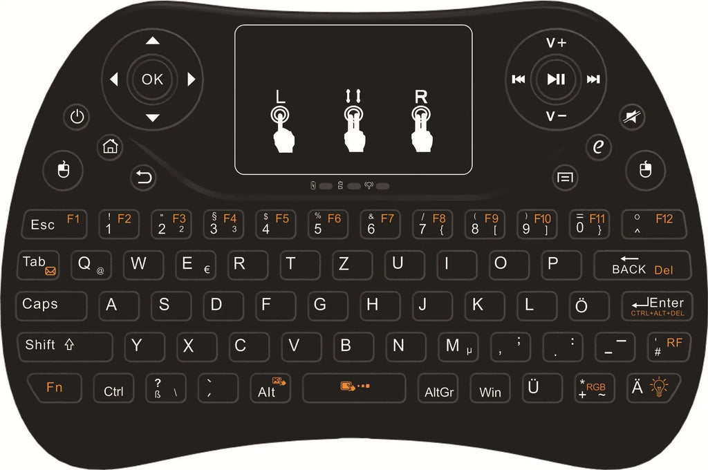 2.4G wireless mini keyboard with seven-colour backlight showing English layout