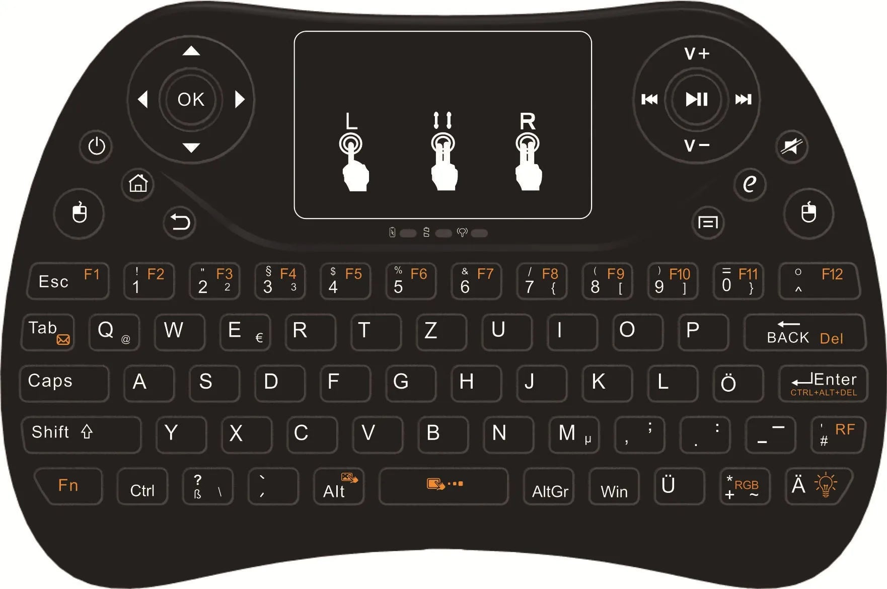2.4G wireless mini keyboard with seven-colour backlight showing English layout