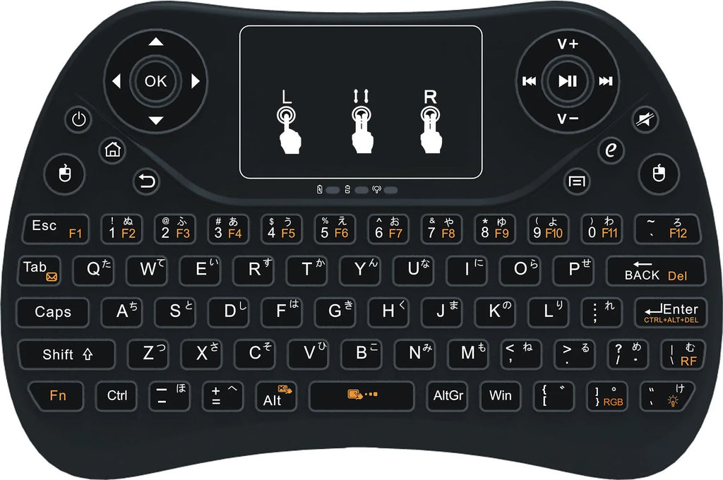 2.4G wireless mini keyboard with seven-colour backlight showing English layout