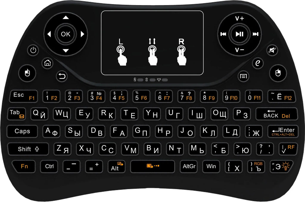 2.4G wireless mini keyboard with seven-colour backlight showing English layout