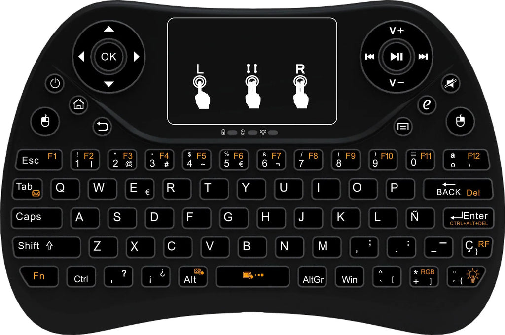 2.4G wireless mini keyboard with seven-colour backlight showing English layout