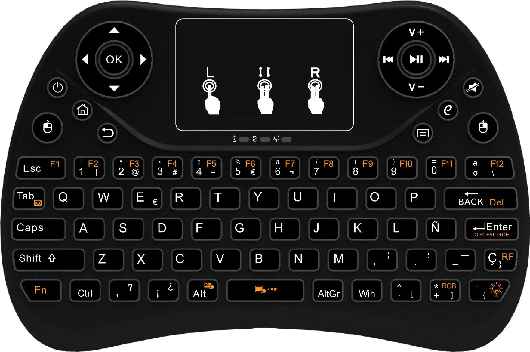 2.4G wireless mini keyboard with seven-colour backlight showing English layout
