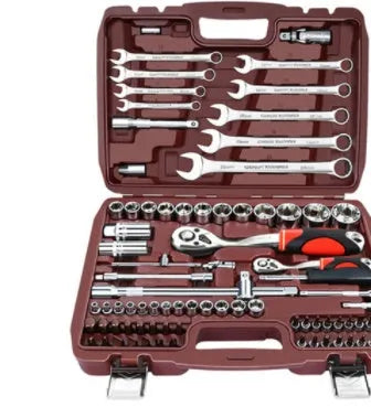 Multifunctional socket sleeve ratchet wrench combination set in a toolbox with multiple pieces