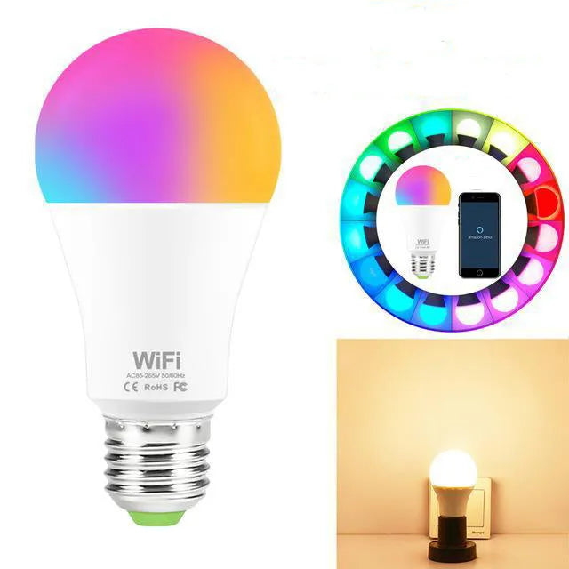 15W WiFi smart LED bulb with RGB colour and white light modes, shown with B22 and E27 base options.