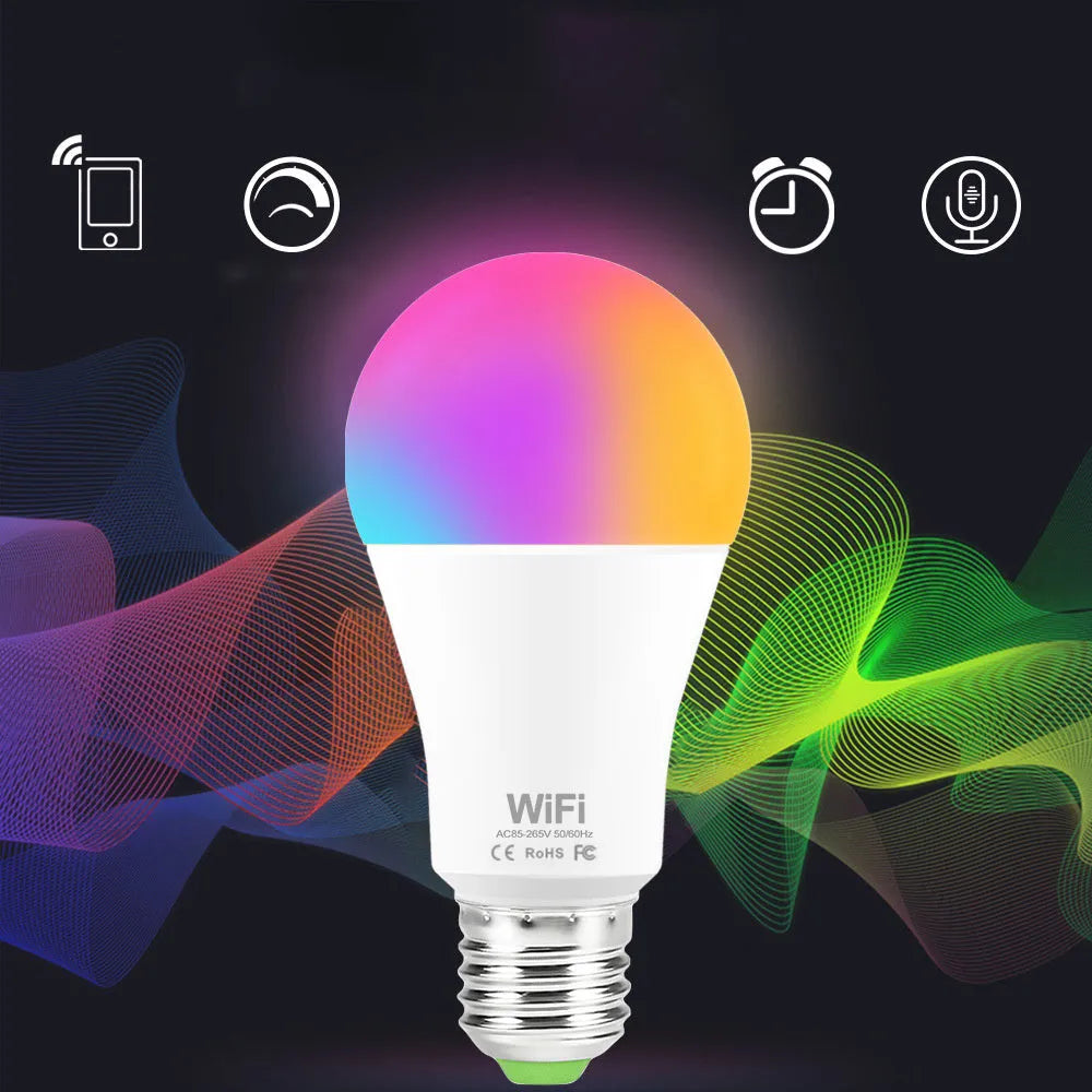 15W WiFi smart LED bulb with RGB colour and white light modes, shown with B22 and E27 base options.