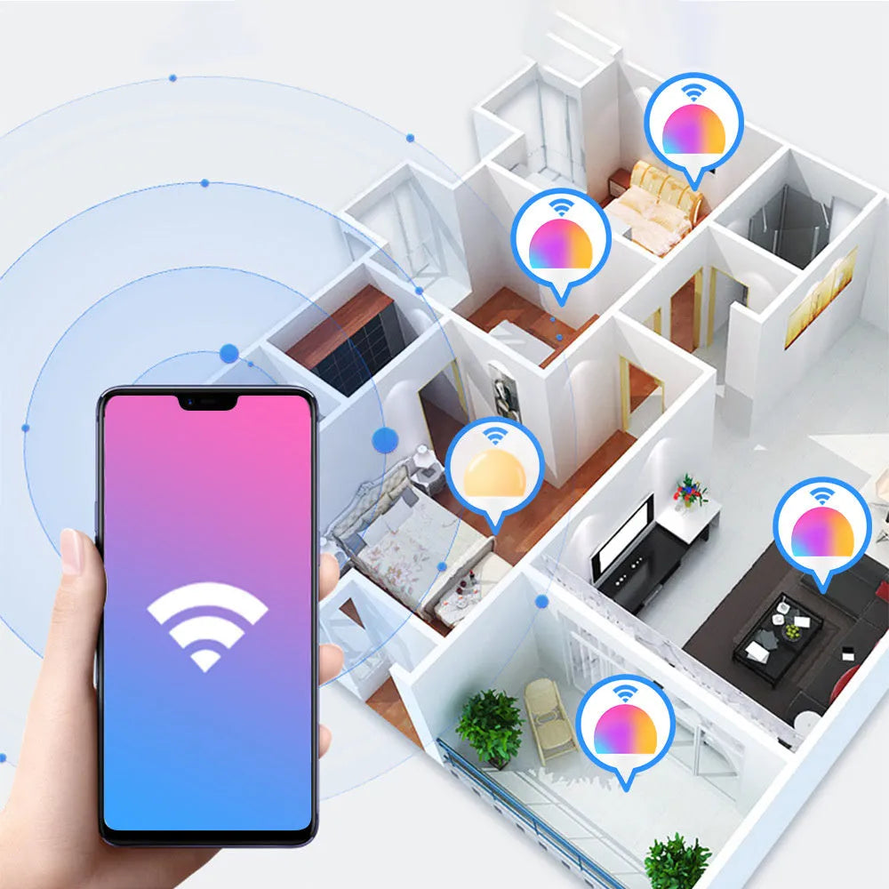 15W WiFi smart LED bulb with RGB colour and white light modes, shown with B22 and E27 base options.