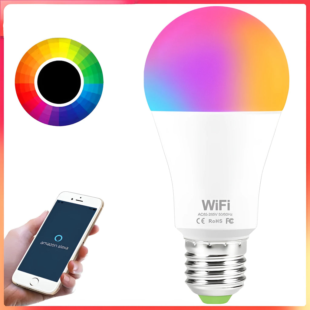 15W WiFi smart LED bulb with RGB colour and white light modes, shown with B22 and E27 base options.