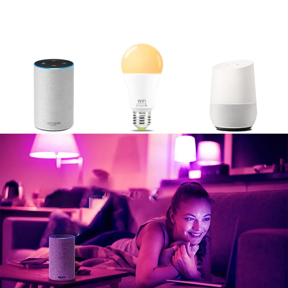 15W WiFi smart LED bulb with RGB colour and white light modes, shown with B22 and E27 base options.