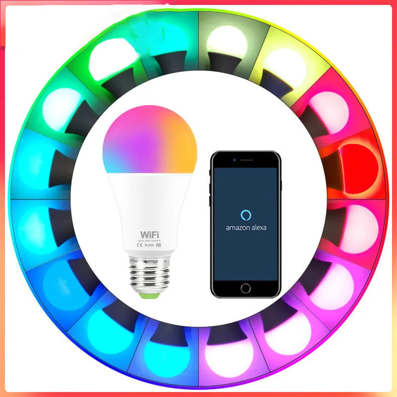 15W WiFi smart LED bulb with RGB colour and white light modes, shown with B22 and E27 base options.