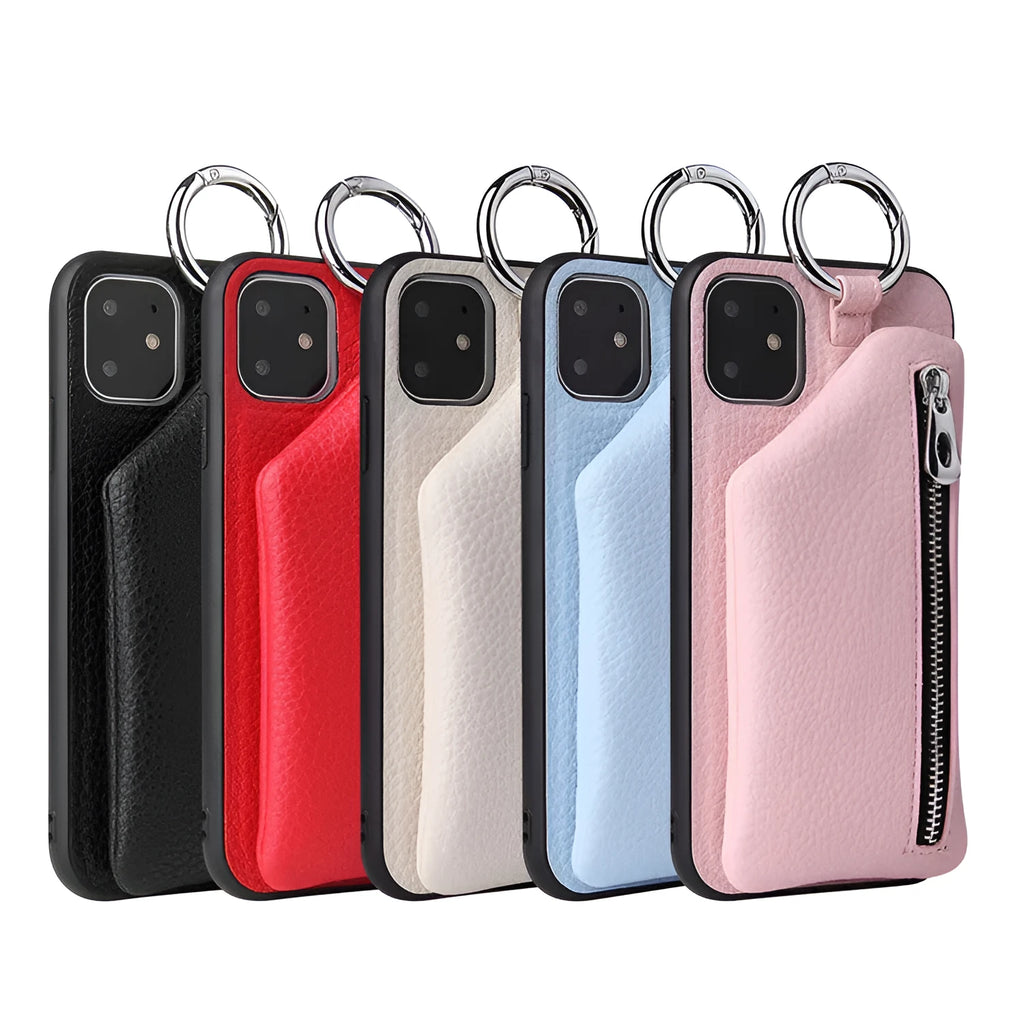 PU leather crossbody phone case with long strap and small zipped coin purse attached, shown in black.