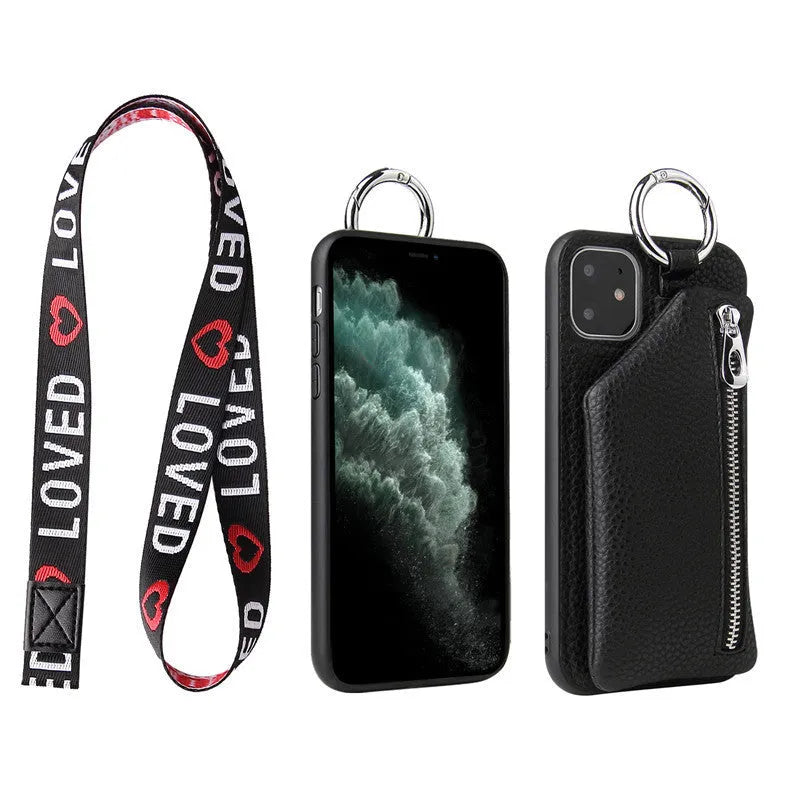 PU leather crossbody phone case with long strap and small zipped coin purse attached, shown in black.