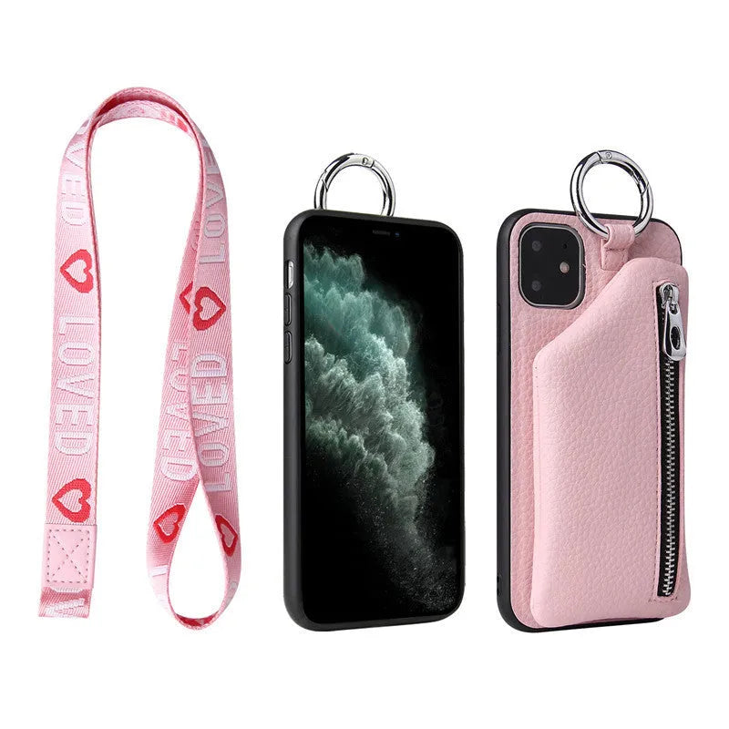 PU leather crossbody phone case with long strap and small zipped coin purse attached, shown in black.