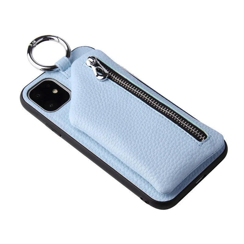 PU leather crossbody phone case with long strap and small zipped coin purse attached, shown in black.