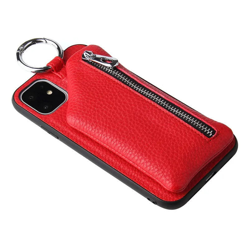 PU leather crossbody phone case with long strap and small zipped coin purse attached, shown in black.