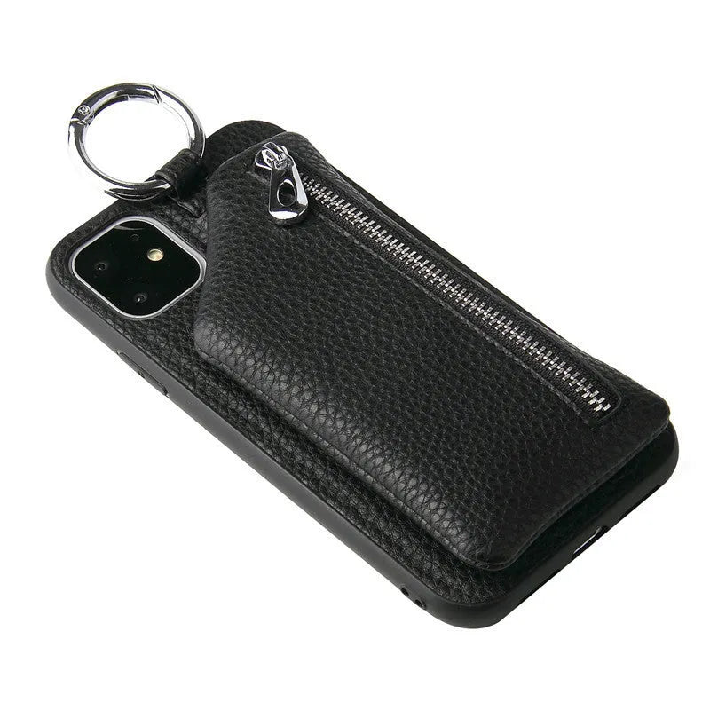 PU leather crossbody phone case with long strap and small zipped coin purse attached, shown in black.