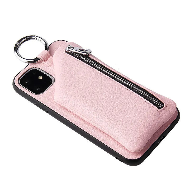 PU leather crossbody phone case with long strap and small zipped coin purse attached, shown in black.