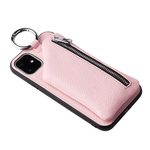 PU leather crossbody phone case with long strap and small zipped coin purse attached, shown in black.