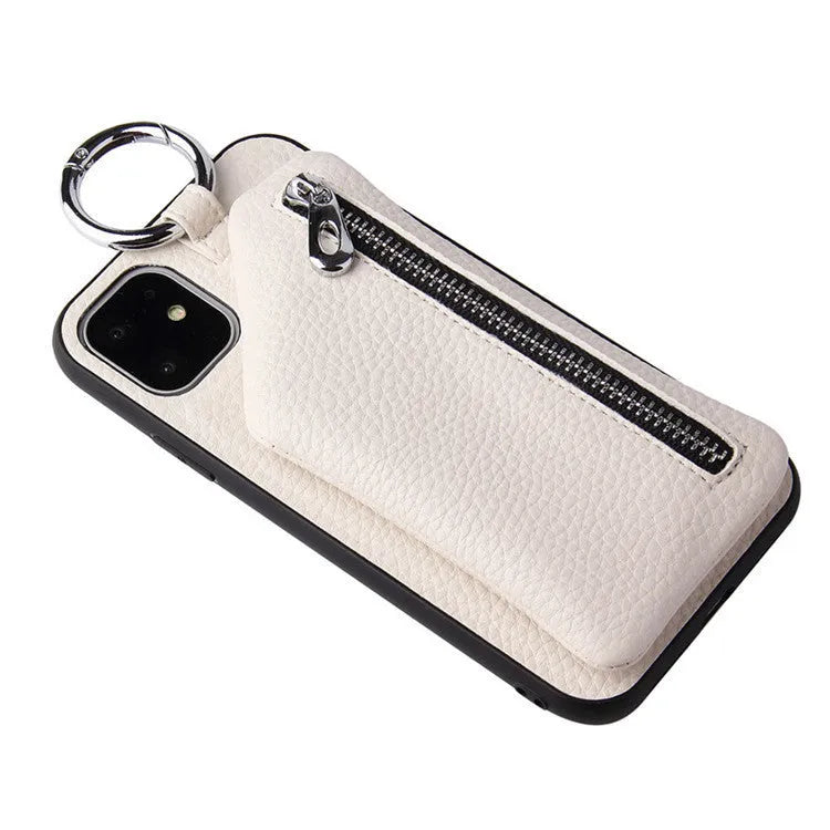 PU leather crossbody phone case with long strap and small zipped coin purse attached, shown in black.