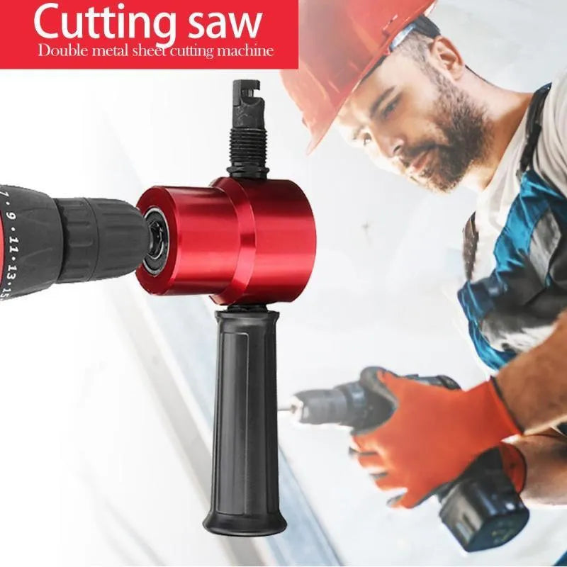 Red metal nibbler drill attachment for cutting sheet metal, shown with adjustable cutter heads.