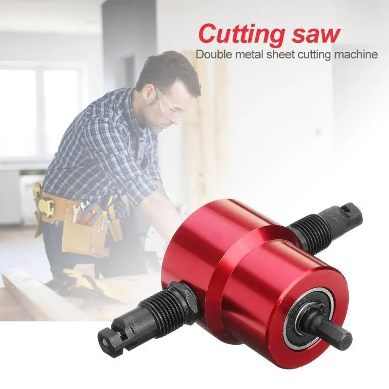 Red metal nibbler drill attachment for cutting sheet metal, shown with adjustable cutter heads.