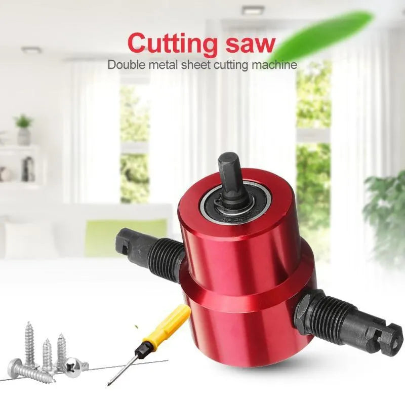 Red metal nibbler drill attachment for cutting sheet metal, shown with adjustable cutter heads.