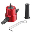 Red metal nibbler drill attachment for cutting sheet metal, shown with adjustable cutter heads.