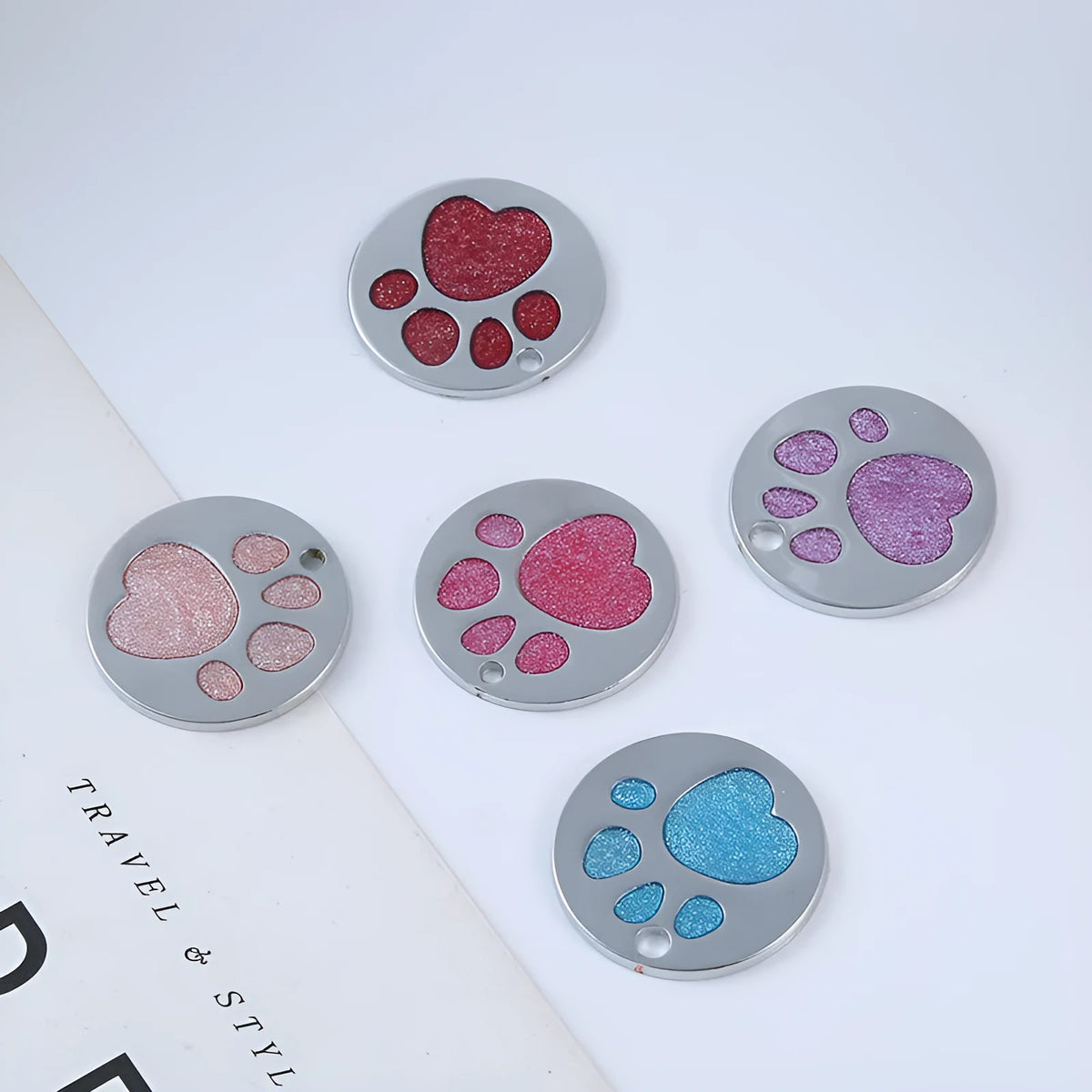 25mm alloy foot sole pet ID tag in light blue, dark blue, purple, red, rose red or pink