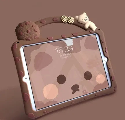 Brown cartoon-design silicone sleeve with integrated stand, fitted on an iPad tablet.