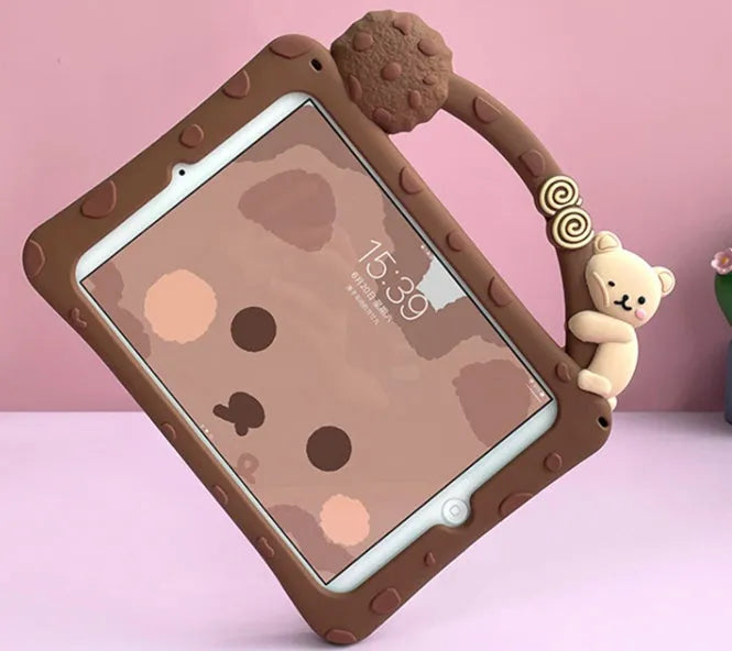 Brown cartoon-style silicone sleeve case for iPad with an integrated folding bracket stand.
