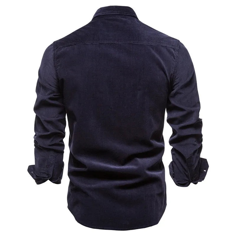 Men's long-sleeved linen shirt in a crewneck style, shown in a selection of available colours.