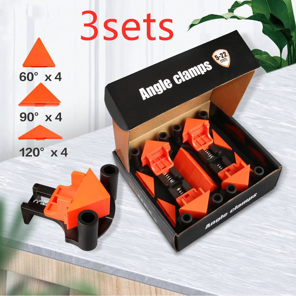 Four plastic 90 degree right angle woodworking clamps for picture frame assembly