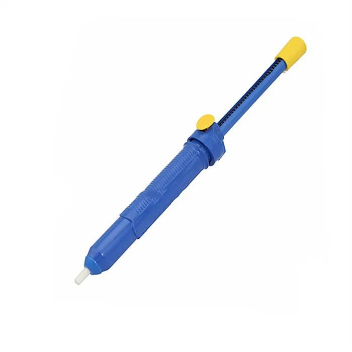 Blue manual solder sucker desoldering tool with silver nozzle on a workbench.