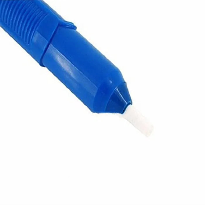 Blue manual solder sucker desoldering tool with silver nozzle on a workbench.
