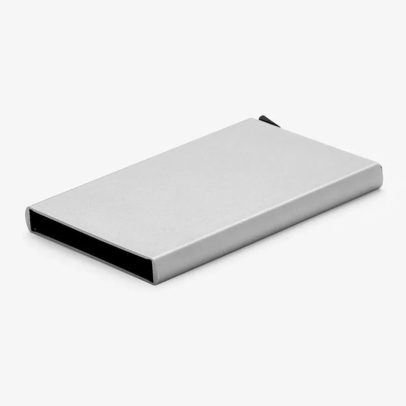 Geometric aluminium business card holder in six colour options showing dimensions