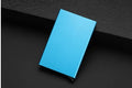 Geometric aluminium business card holder in six colour options showing dimensions